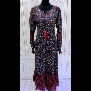 Pyramid Collection Prairie Boho Maxi Dress Embroidered Long Sleeve Rayon LARGE